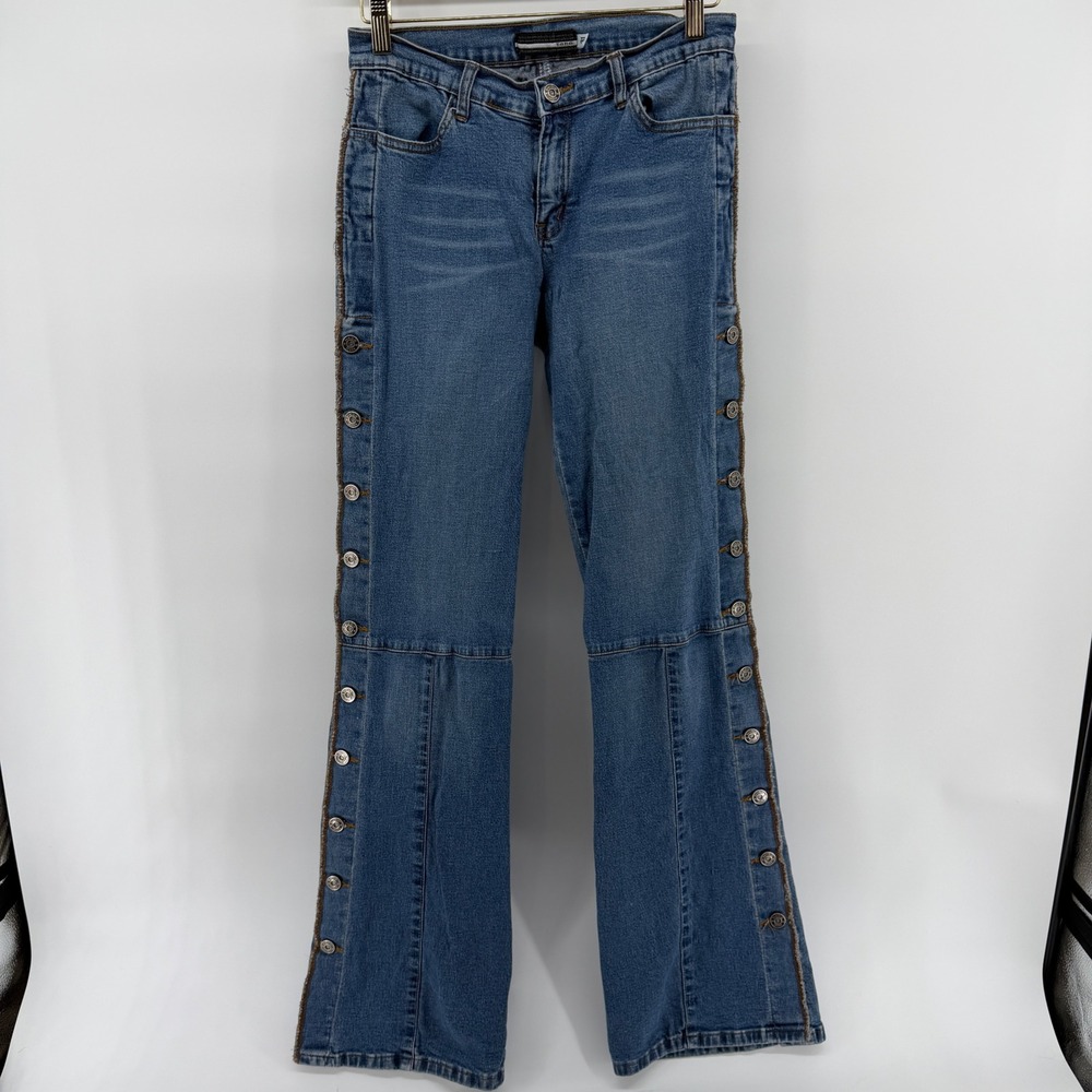 Bebe Jeans Womens 31 Blue Denim Flare Leg Side Button Detail Y2K Medium Wash